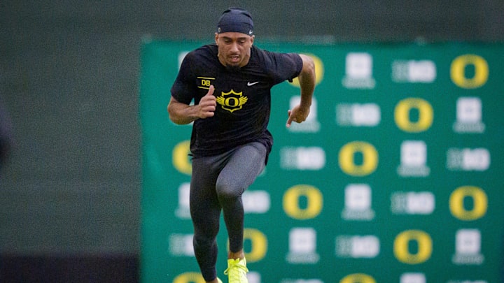 Oregon defensive back Jadon Canady competes in the 40-yard dash during Oregon Pro Day on March 17, 2026, at the Moshofsky Center in Eugene, Oregon.
