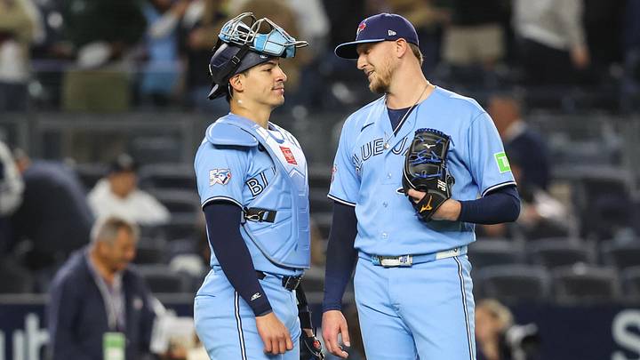 May 21, 2026; Bronx, New York, USA;  Toronto Blue Jays catcher Brandon Valenzuela (59) and relief pitcher Jeff Hoffman (23) at Yankee Stadium. Mandatory Credit: Wendell Cruz-Imagn Images