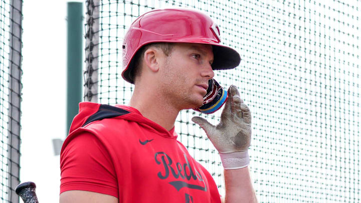 Cincinnati Reds shortstop Matt McLain (9) waits for a live batting practice session at the Cincinnati Reds Player Development Complex in Goodyear, Ariz., on Thursday, Feb. 13, 2025.