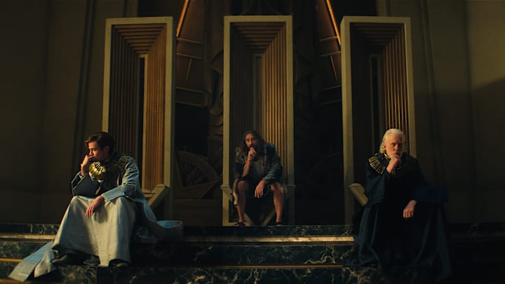 Cassian Bilton, Lee Pace and Terrence Mann in "Foundation," premiering July 11, 2025 on Apple TV+.