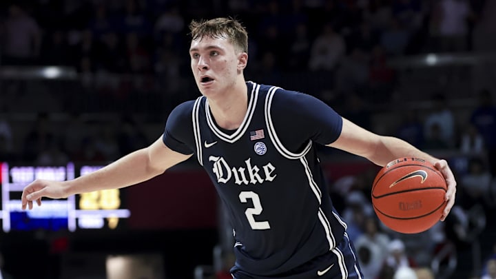 Jan 4, 2025; Dallas, Texas, USA;  Duke Blue Devils guard Cooper Flagg (2) controls the ball during the first half against the Southern Methodist Mustangs at Moody Coliseum. Mandatory Credit: Kevin Jairaj-Imagn Images