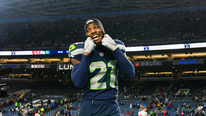 Nov 24, 2024; Seattle, Washington, USA; Seattle Seahawks cornerback Devon Witherspoon (21) walks off the field after the game against the Arizona Cardinals at Lumen Field. Mandatory Credit: Steven Bisig-Imagn Images