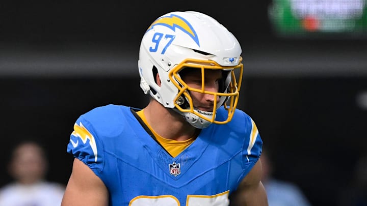Nov 10, 2024; Inglewood, California, USA; Los Angeles Chargers linebacker Joey Bosa (97) during the second quarter against the Tennessee Titans at SoFi Stadium. Mandatory Credit: Robert Hanashiro-Imagn Images