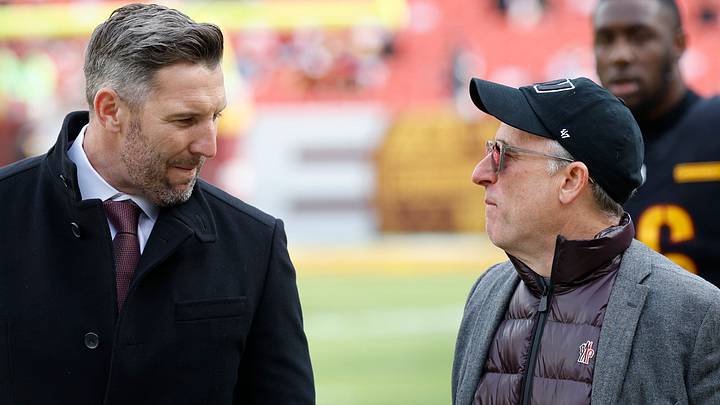 Landover, Maryland, USA; Washington Commanders general manager Adam Peters (L) talks with Commanders owner Josh Harris (R) on the field prior to the game against the Tennessee Titans at Northwest Stadium. Mandatory Credit: Geoff Burke-Imagn Images Landover, Maryland, USA; Washington Commanders general manager Adam Peters (L) talks with Commanders owner Josh Harris (R) on the field prior to the game against the Tennessee Titans at Northwest Stadium. Mandatory Credit: Geoff Burke-Imagn Images
