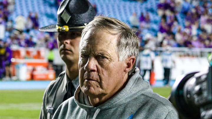 Bill Belichick walking off the field after North Carolina's 48-14 loss vs. TCU on Sept. 1, 2025.