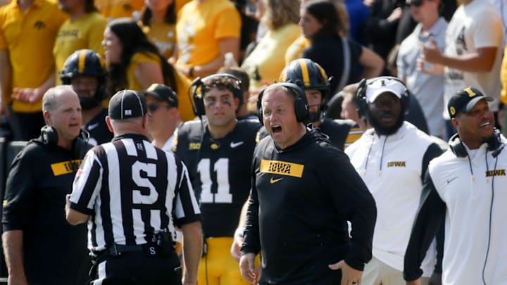 Iowa’s assistant head coach Seth Wallace reacts after a Washington field goal was ruled to be made Saturday, Oct. 12, 2024 at Kinnick Stadium in Iowa City, Iowa.
