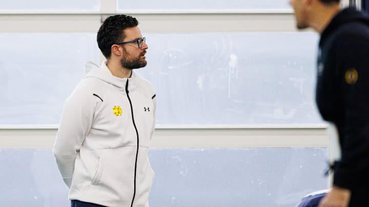 Notre Dame assistant athletics director Chad Bowden watches a Notre Dame football practice at Irish Athletic Center on Sunday, Jan. 5, 2025, in South Bend. Notre Dame assistant athletics director Chad Bowden watches a Notre Dame football practice at Irish Athletic Center on Sunday, Jan. 5, 2025, in South Bend.