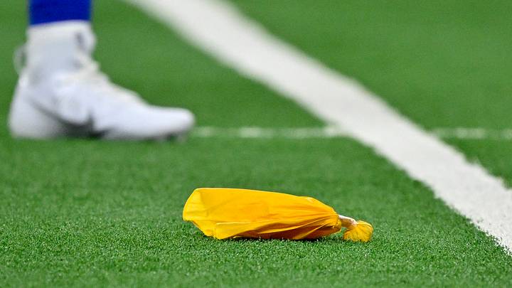 A view of yellow penalty flag. Mandatory Credit: Jerome Miron-Imagn Images