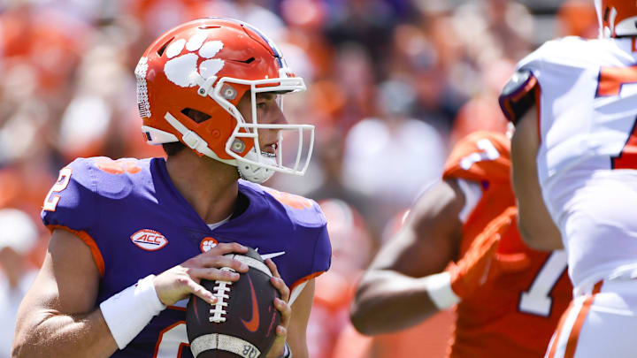 April 15, 2023; Clemson, SC , USA;   Clemson quarterback Cade Klubnik (2) looks for a pass during