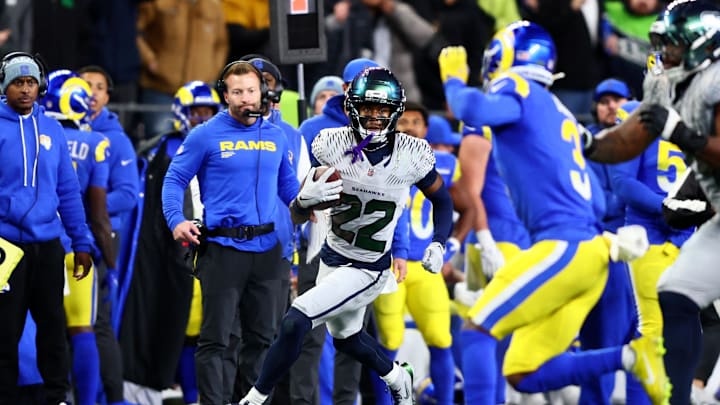 Dec 18, 2025; Seattle, Washington, USA; Seattle Seahawks wide receiver Rashid Shaheed (22) runs against the Los Angeles Rams in the second half at Lumen Field. Mandatory Credit: Kevin Ng-Imagn Images