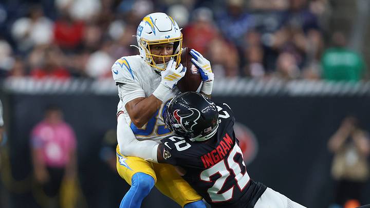 Aug 13, 2026; Houston, Texas, USA;  Los Angeles Chargers wide receiver Brenen Thompson (89) makes a reception as Houston Texans cornerback Ja’Marcus Ingram (20) defends during the second quarter at Reliant Stadium. Mandatory Credit: Troy Taormina-Imagn Images
