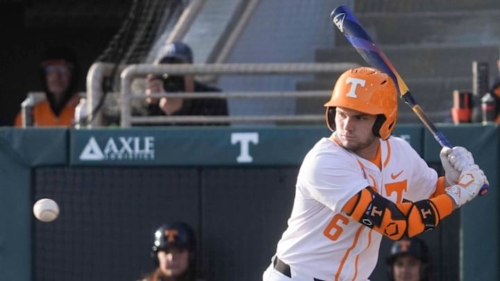 Tennessee infielder Gavin Kilen (6) keeps his eye on the ball at the Tennessee baseball season opener against Hofstra, in Lindsey Nelson Stadium at University of Tennessee in Knoxville, Tenn., Friday, February. 14, 2025.