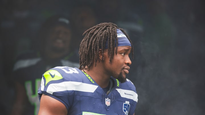 Sep 7, 2025; Seattle, Washington, USA; Seattle Seahawks linebacker Boye Mafe (53) stands outside the tunnel during player introductions against the San Francisco 49ers at Lumen Field.