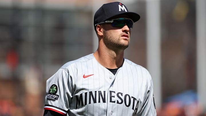 Mar 29, 2026; Baltimore, Maryland, USA; Minnesota Twins right fielder Matt Wallner (38) looks on before a game against the Baltimore Orioles at Oriole Park at Camden Yards. Mandatory Credit: Daniel Kucin Jr.-Imagn Images