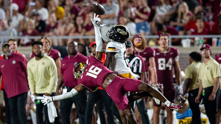 Florida State Seminoles defensive back Quindarrius Jones (16) tries to intercept the pass. The Florida State Seminoles defeated the Southern Miss Golden Eagles on Saturday, Sept. 9, 2023.