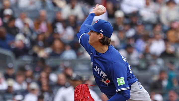 Toronto Blue Jays starting pitcher Kevin Gausman (34) delivers a pitch during the first inning against the New York Yankees at Yankee Stadium on April 27. Toronto Blue Jays starting pitcher Kevin Gausman (34) delivers a pitch during the first inning against the New York Yankees at Yankee Stadium on April 27.