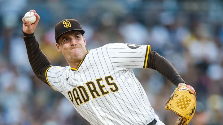 Jun 24, 2025; San Diego, California, USA; San Diego Padres starting pitcher Ryan Bergert (38) throws to first base for an out during the fourth inning against the Washington Nationals at Petco Park. Mandatory Credit: David Frerker-Imagn Images Jun 24, 2025; San Diego, California, USA; San Diego Padres starting pitcher Ryan Bergert (38) throws to first base for an out during the fourth inning against the Washington Nationals at Petco Park. Mandatory Credit: David Frerker-Imagn Images