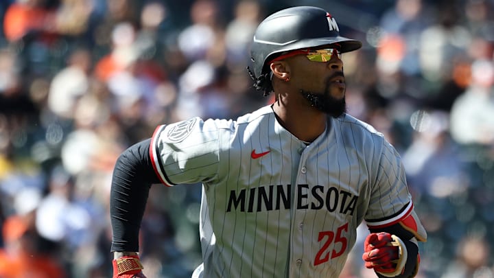 Mar 29, 2026; Baltimore, Maryland, USA; Minnesota Twins center fielder Byron Buxton (25) hits a double during the fifth inning against the Baltimore Orioles at Oriole Park at Camden Yards. Mandatory Credit: Daniel Kucin Jr.-Imagn Images