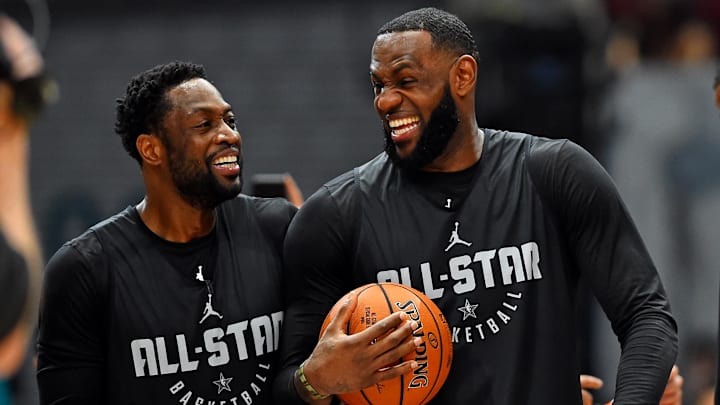 Feb 16, 2019; Charlotte, NC, USA; Team Lebron forward Lebron James of the Los Angeles Lakers (23) and Team Lebron guard Dwayne Wade of the Miami Heat (3) during NBA All-Star Game practice at the Bojangles Coliseum. Mandatory Credit: Bob Donnan-Imagn Images