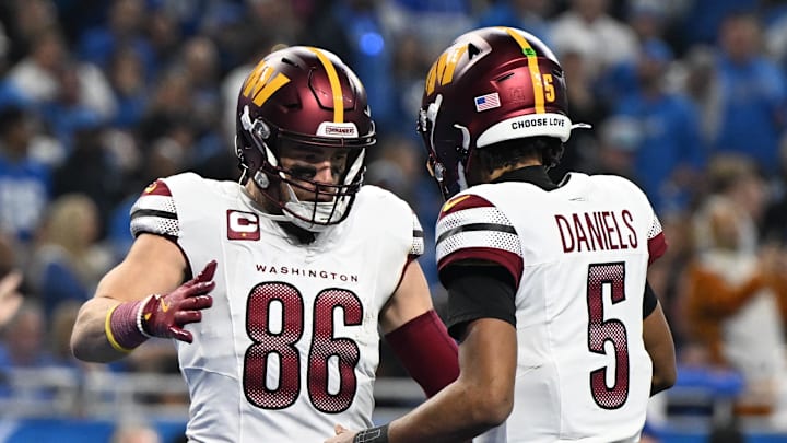 Jan 18, 2025; Detroit, Michigan, USA; Washington Commanders tight end Zach Ertz (86) celebrates touchdown pass with quarterback Jayden Daniels (5) during the second quarter in a 2025 NFC divisional round game at Ford Field. Mandatory Credit: Lon Horwedel-Imagn Images