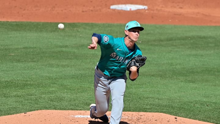 Mar 8, 2024; Mesa, Arizona, USA;  Seattle Mariners starting pitcher Emerson Hancock (62) throws in