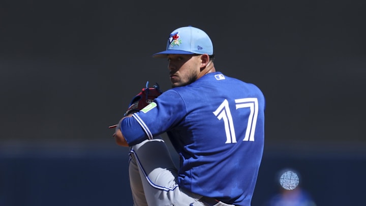 Feb 28, 2026; Tampa, Florida, USA; Toronto Blue Jays starting pitcher Jose Berrios (17) throws a pitch against the New York Yankees in the second inning during spring training at George M. Steinbrenner Field. Mandatory Credit: Nathan Ray Seebeck-Imagn Images