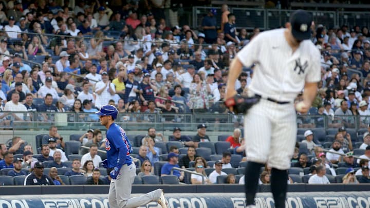 Jul 7, 2023; Bronx, New York, USA; Chicago Cubs center fielder Cody Bellinger (24) rounds the bases