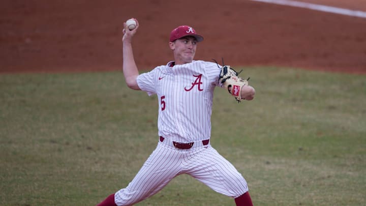 Alabama's Tyler Ras (5) pitches during the Auburn-Alabama Capital City Classic at Riverfront Park in Montgomery, Ala., on Tuesday, March 26, 2019. Alabama defeated Auburn 6-3. 