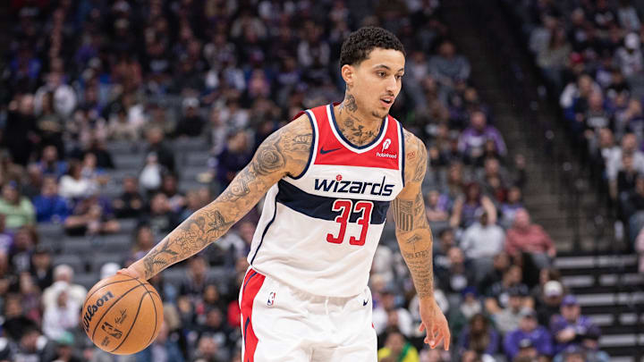 Jan 19, 2025; Sacramento, California, USA; Washington Wizards forward Kyle Kuzma (33) controls the ball against the Sacramento Kings during the first quarter at Golden 1 Center. Mandatory Credit: Ed Szczepanski-Imagn Images