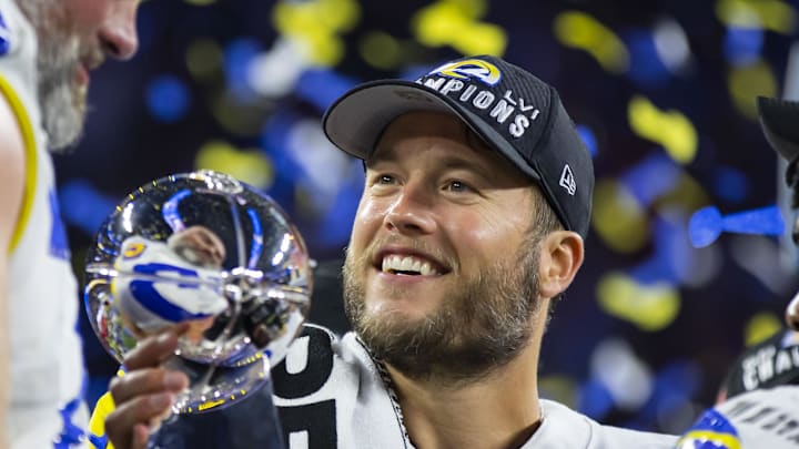 Feb 13, 2022; Inglewood, CA, USA; Los Angeles Rams quarterback Matthew Stafford celebrates with the Lombardi Trophy after defeating the Cincinnati Bengals in Super Bowl LVI at SoFi Stadium. Mandatory Credit: Mark J. Rebilas-Imagn Images Feb 13, 2022; Inglewood, CA, USA; Los Angeles Rams quarterback Matthew Stafford celebrates with the Lombardi Trophy after defeating the Cincinnati Bengals in Super Bowl LVI at SoFi Stadium. Mandatory Credit: Mark J. Rebilas-Imagn Images