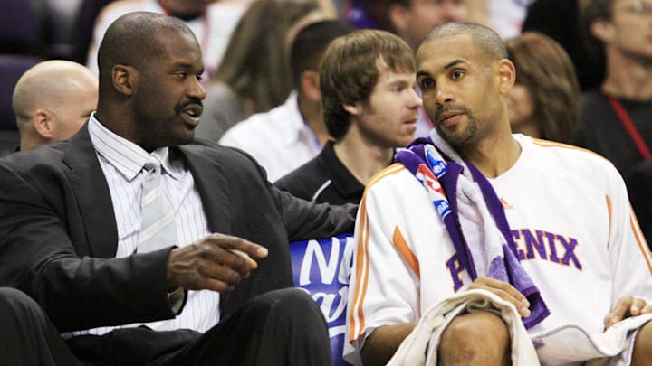 Phoenix Suns center Shaquille O'Neal talks to Grant Hill on the bench against the Dallas Mavericks during NBA action at US Airways Center in Phoenix, AZ. Mandatory Credit: Rob Schumacher/The Arizona Republic via USA TODAY NETWORK Phoenix Suns center Shaquille O'Neal talks to Grant Hill on the bench against the Dallas Mavericks during NBA action at US Airways Center in Phoenix, AZ. Mandatory Credit: Rob Schumacher/The Arizona Republic via USA TODAY NETWORK
