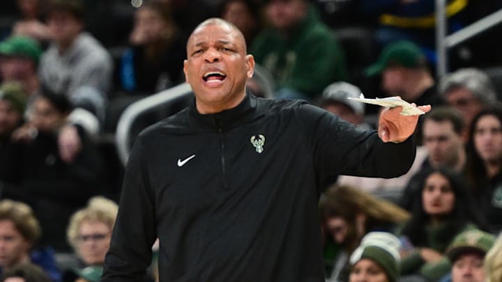 Jan 4, 2025; Milwaukee, Wisconsin, USA; Milwaukee Bucks head coach Doc Rivers calls a play in the third quarter against the Portland Trail Blazers at Fiserv Forum. Mandatory Credit: Benny Sieu-Imagn Images Jan 4, 2025; Milwaukee, Wisconsin, USA; Milwaukee Bucks head coach Doc Rivers calls a play in the third quarter against the Portland Trail Blazers at Fiserv Forum. Mandatory Credit: Benny Sieu-Imagn Images