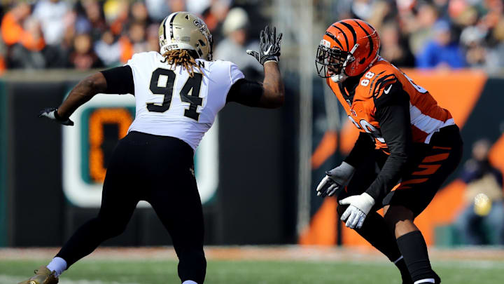 Nov 11, 2018; Cincinnati, OH, USA; New Orleans Saints defensive end Cameron Jordan (94) against Cincinnati Bengals offensive tackle Bobby Hart (68) at Paul Brown Stadium. Mandatory Credit: Aaron Doster-Imagn Images
