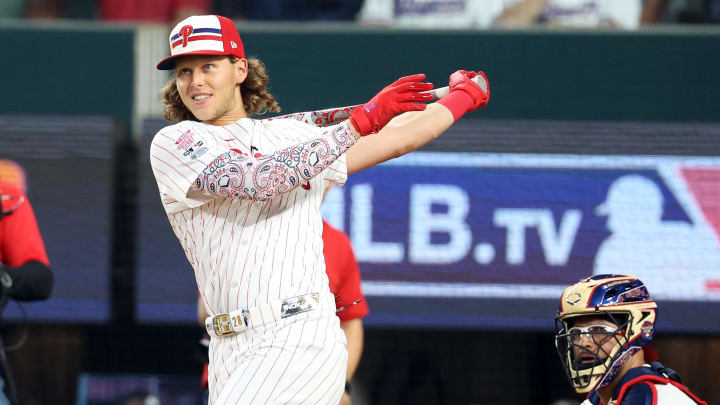 Jul 15, 2024; Arlington, TX, USA; National League third baseman Alec Bohm of the Philadelphia Phillies (28) competes during the 2024 Home Run Derby at Globe Life Field. Mandatory Credit: Kevin Jairaj-USA TODAY Sports