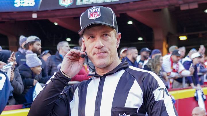Nov 21, 2021; Kansas City, Missouri, USA; Side judge Alan Eck (76) takes the field before the game between the Dallas Cowboys and Kansas City Chiefs at GEHA Field at Arrowhead Stadium.