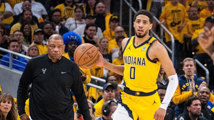 May 2, 2024; Indianapolis, Indiana, USA; Indiana Pacers guard Tyrese Haliburton (0) dribbles the