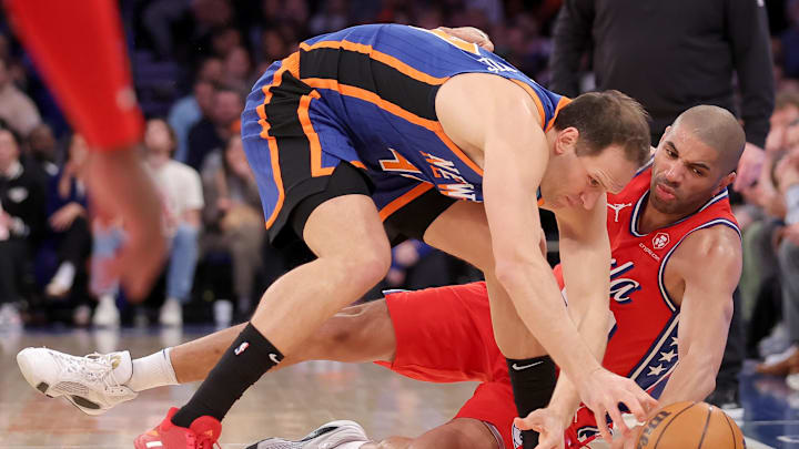 Mar 10, 2024; New York, New York, USA; New York Knicks forward Bojan Bogdanovic (44) and