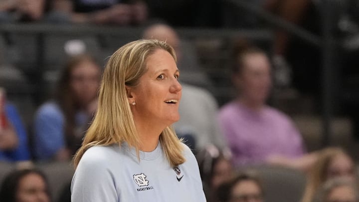 Mar 28, 2025; Birmingham, AL, USA; North Carolina Tar Heels head coach Courtney Banghart can’t believe a call by an official against the Duke Blue Devils at Legacy Arena. Mandatory Credit: Gary Cosby Jr.-USA Today Network via Imagn Images