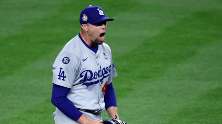 Oct 30, 2024; New York, New York, USA; Los Angeles Dodgers pitcher Blake Treinen (49) celebrates after the end of the eighth inning against the New York Yankees in game five of the 2024 MLB World Series at Yankee Stadium. Mandatory Credit: Wendell Cruz-Imagn Images