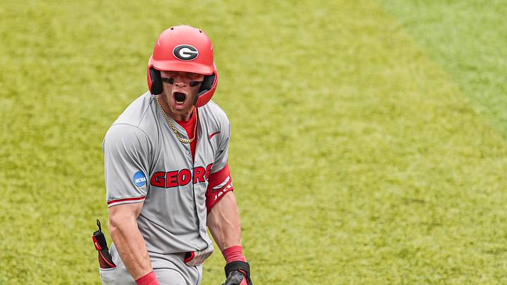 Georgia Bulldogs catcher Daniel Jackson (3) reacts after hitting a two run home run. Georgia Bulldogs catcher Daniel Jackson (3) reacts after hitting a two run home run.