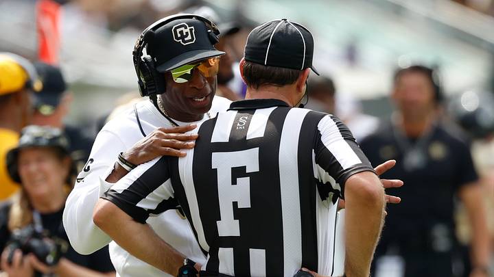 Sep 26, 2026; Waco, Texas, USA;  Colorado Buffaloes head coach Deion Sanders speaks with an official during the first half against the Baylor Bears at McLane Stadium.  Mandatory Credit: Chris Jones-Imagn Images