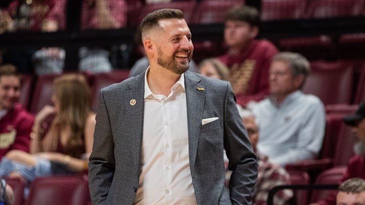Florida State Seminoles head coach Luke Loucks smiles as his players celebrate. The Florida State Seminoles defeated the Alcorn State Braves 108-76 on Tuesday, Nov. 4, 2025. Florida State Seminoles head coach Luke Loucks smiles as his players celebrate. The Florida State Seminoles defeated the Alcorn State Braves 108-76 on Tuesday, Nov. 4, 2025.