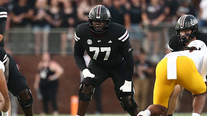 Sep 6, 2025; Starkville, Mississippi, USA; Mississippi State Bulldogs offensive lineman Jayvin James (77) waits for the snap during the first quarter against the Arizona State Sun Devils at Davis Wade Stadium at Scott Field. Mandatory Credit: Petre Thomas-Imagn Images