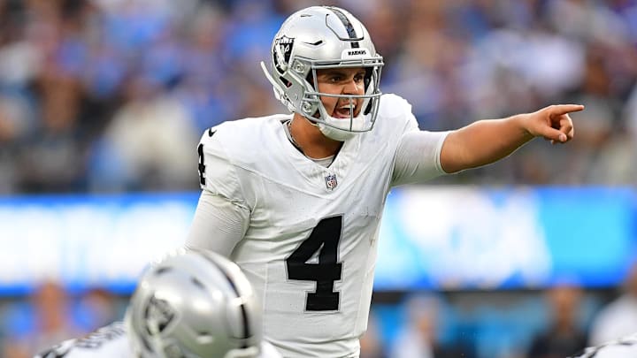 Oct 1, 2023; Inglewood, California, USA; Las Vegas Raiders quarterback Aidan O'Connell (4) scans the