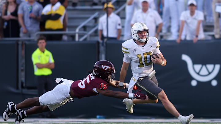 Oct 11, 2025; Atlanta, Ga.; Georgia Tech quarterback Haynes King (10) runs the ball against Virginia Tech.