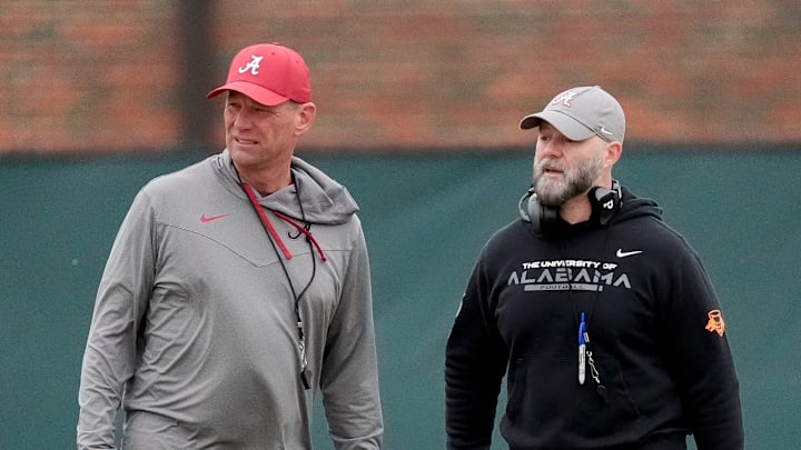 Mar 5, 2025; Tuscaloosa, AL, USA; Head coach Kalen DeBoer and Offensive Coordinator Ryan Grubb watch the offense work during Spring Practice for the Crimson Tide.