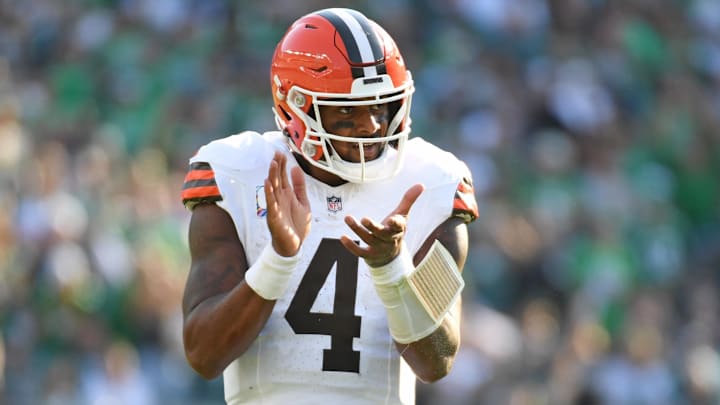 Oct 13, 2024; Philadelphia, Pennsylvania, USA; Cleveland Browns quarterback Deshaun Watson (4) against the Philadelphia Eagles during the fourth quarter at Lincoln Financial Field. Mandatory Credit: Eric Hartline-Imagn Images