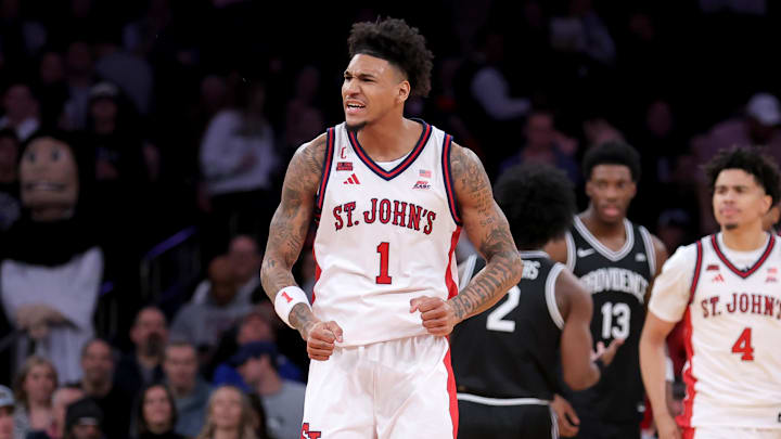Mar 12, 2026; New York, NY, USA; St. John's basketball forward Dillon Mitchell (1) reacts during the first half against the Providence Friars at Madison Square Garden.