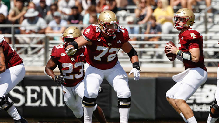 Sep 4, 2021; Chestnut Hill, Massachusetts, USA; Boston College Eagles offensive lineman Alec Lindstrom (72) looks to block against the Colgate Raiders during the first half at Alumni Stadium. Mandatory Credit: Winslow Townson-Imagn Images
