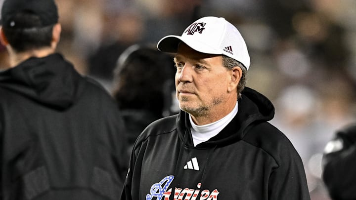 Texas A&M Aggies head coach Jimbo Fisher looks on during warm ups prior to the game against the Mississippi State Bulldogs at Kyle Field. 